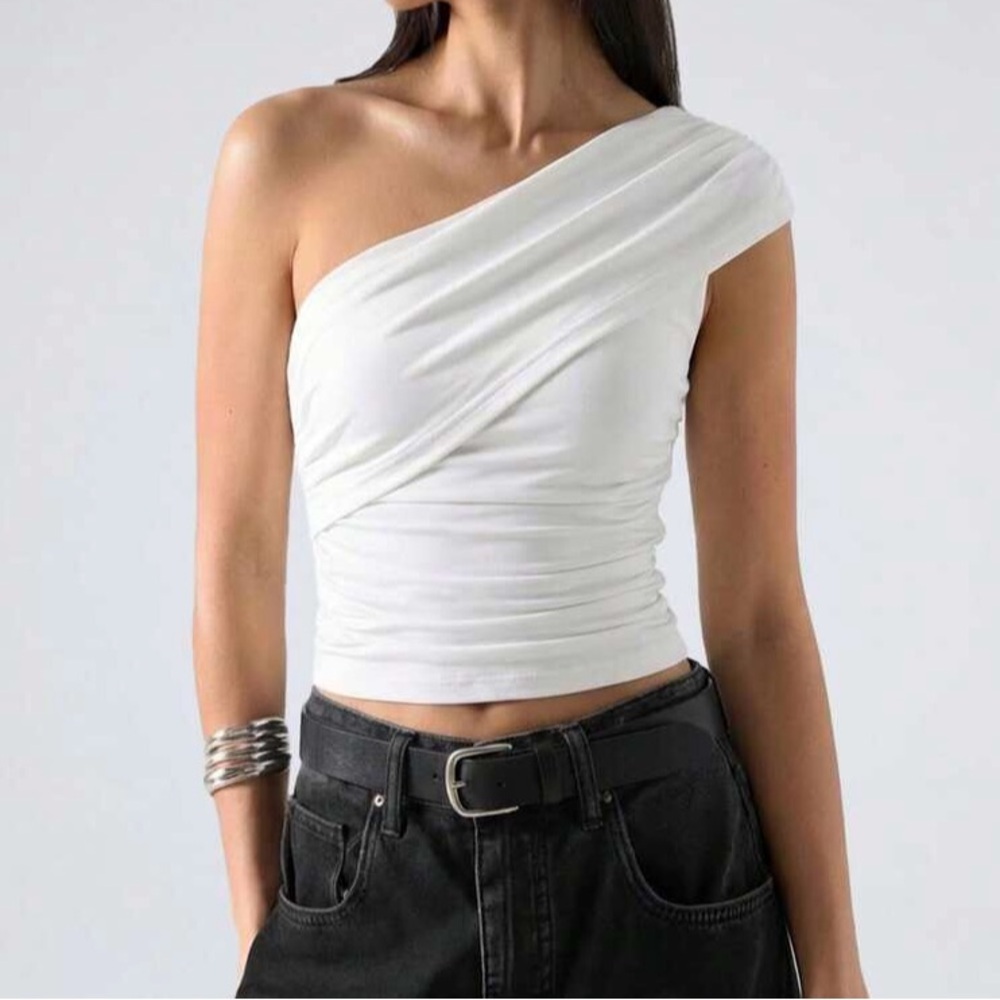 One-Shoulder Ruched Tank Top in Pastel White